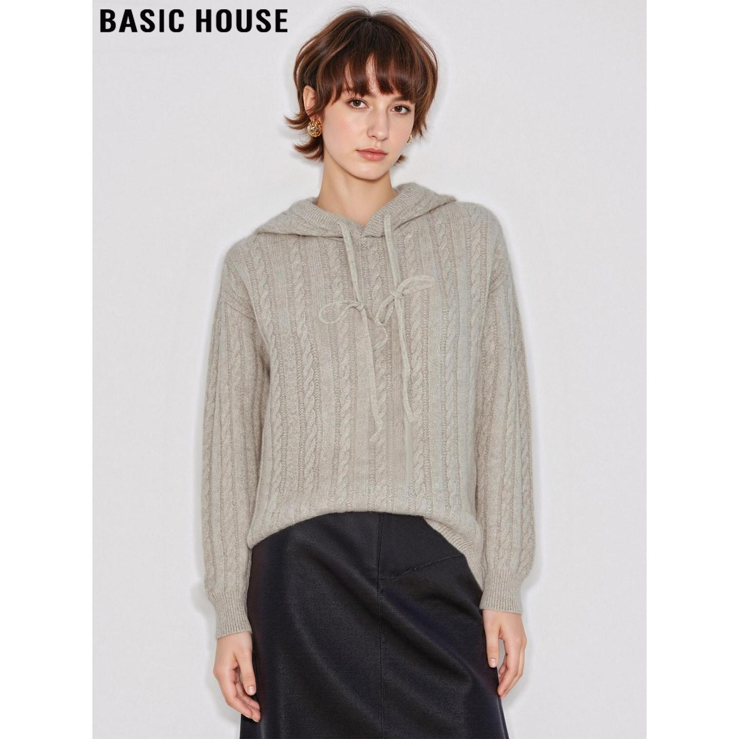 百家好米色100%羊毛衫连帽针织衫