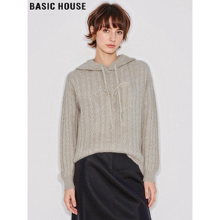 Basic House/百家好米色100%羊毛衫连帽针织衫女冬季软糯打底上衣