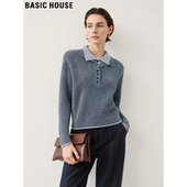 House 百家好100%羊毛假两件翻领针织衫 女2026春季 Basic 新款 毛衣