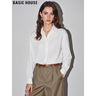 Basic House/百家好POLO领白色衬衫女士2026春季新款通勤长袖衬衣
