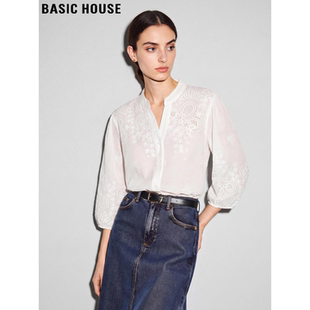 七分袖 百家好法式 刺绣花纯棉白色衬衫 女2026春季 Basic 新款 House