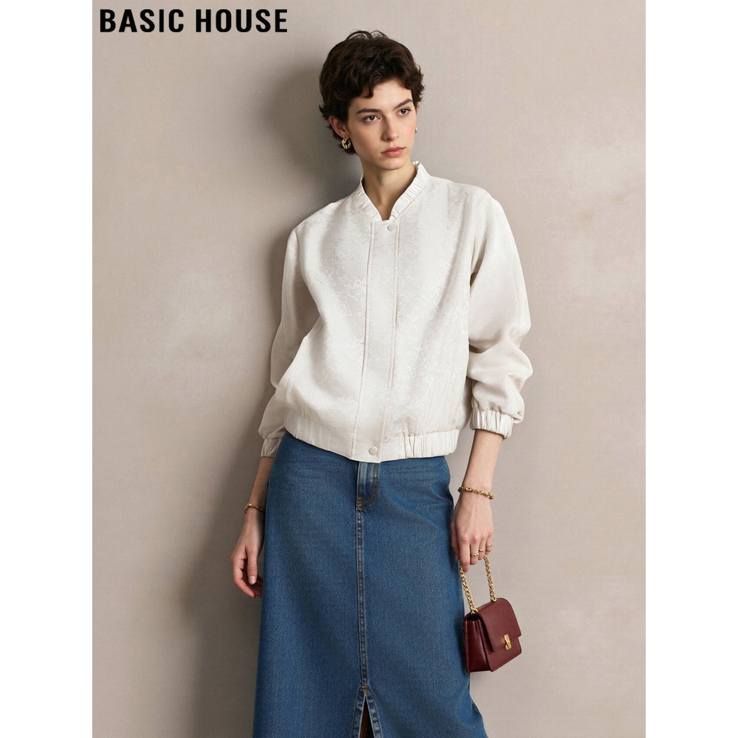 百家好米白色提花棒球服外套宽松