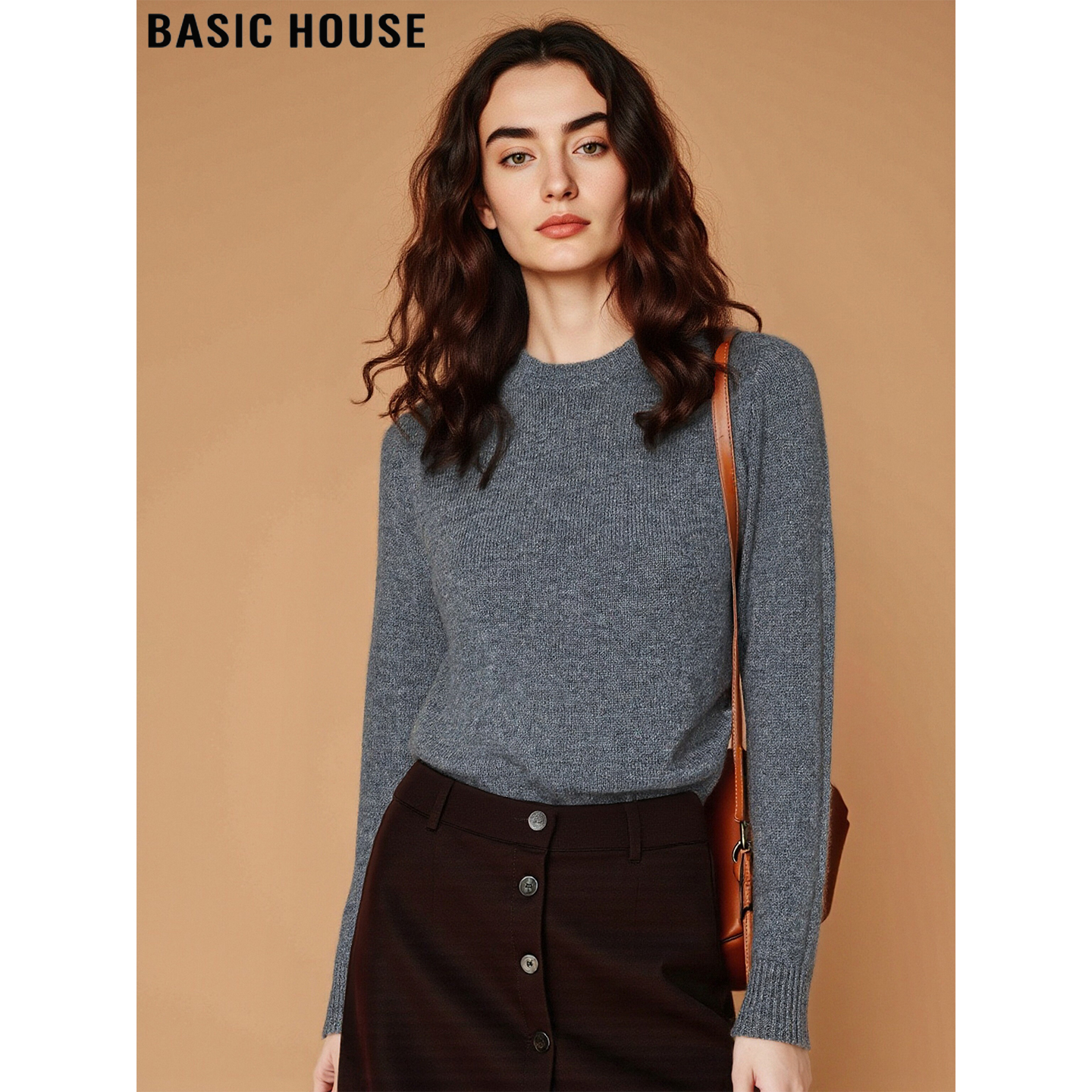 百家好100%羊毛灰色圆领针织衫女