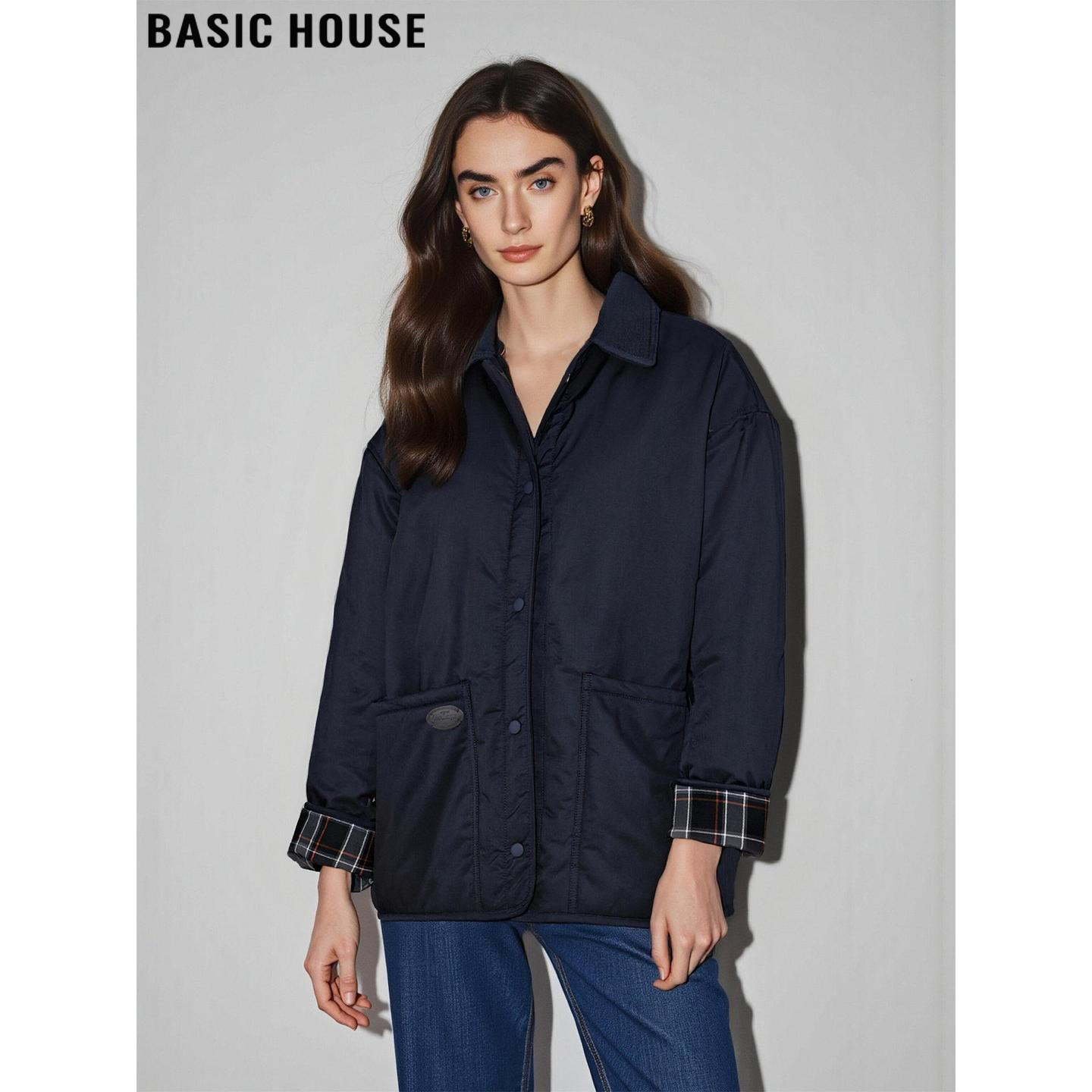 百家好藏青翻领撞色格纹棉服外套