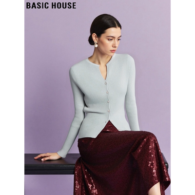 百家好羊毛浅蓝色针织开衫女修身