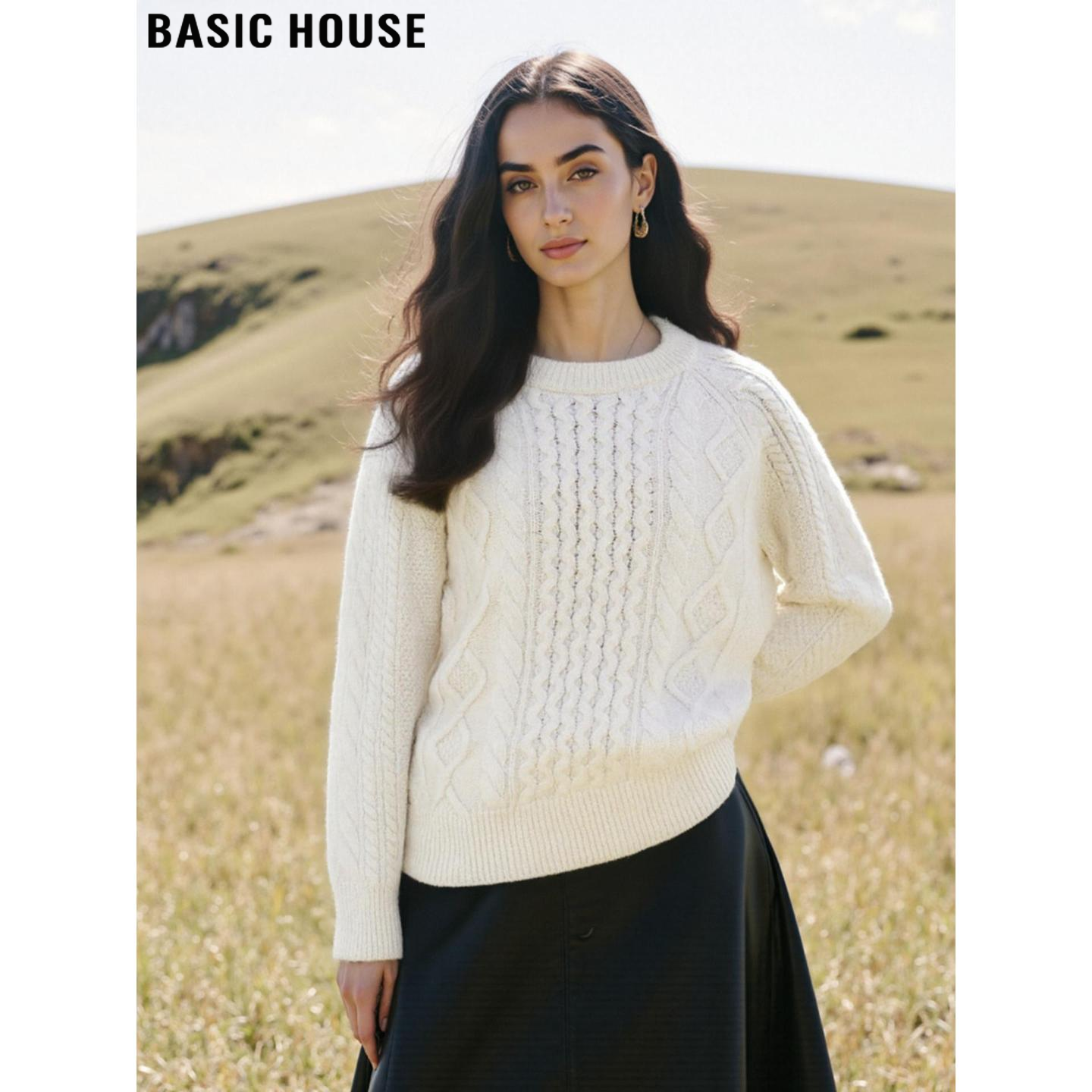 Basic House/百家好100%羊毛麻花针织衫女2026春季新款慵懒风毛衣