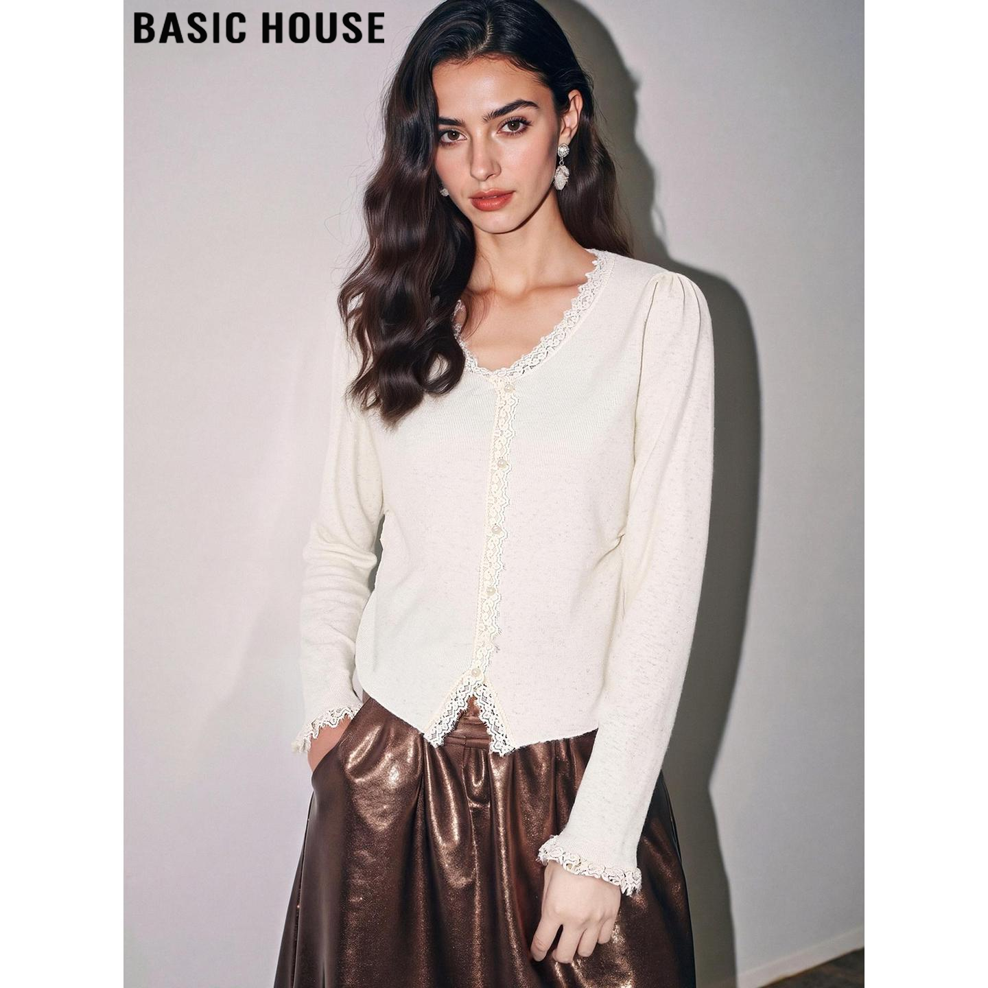 Basic House/百家好蕾丝拼接V领针织开衫女2026春季新款法式上衣,女装/女士精品,毛针织衫,淘宝优惠券,粉丝福利购,淘宝优惠卷