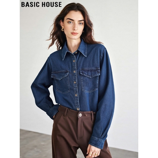 Basic House/百家好蓝色复古牛仔衬衫女2026春季新款叠穿宽松上衣