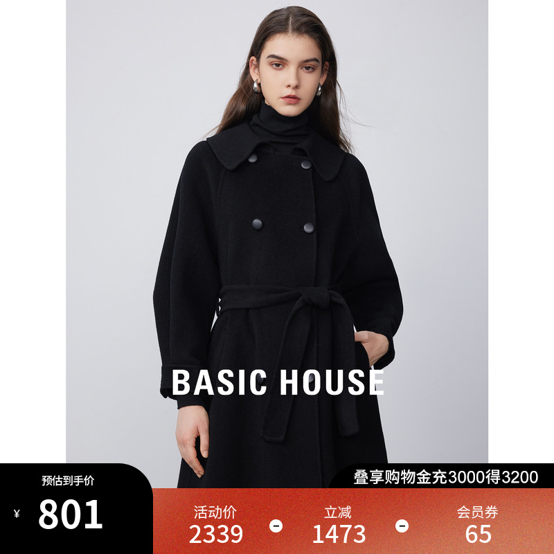 Basic House/百家好黑色毛呢外套女2023冬季新款双面呢羊毛大衣