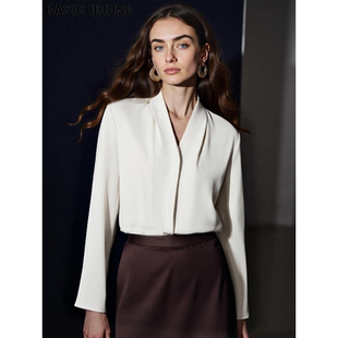 House 女春季 百家好法式 衬衫 通勤百搭衬衣 气质杏色V领长袖 Basic