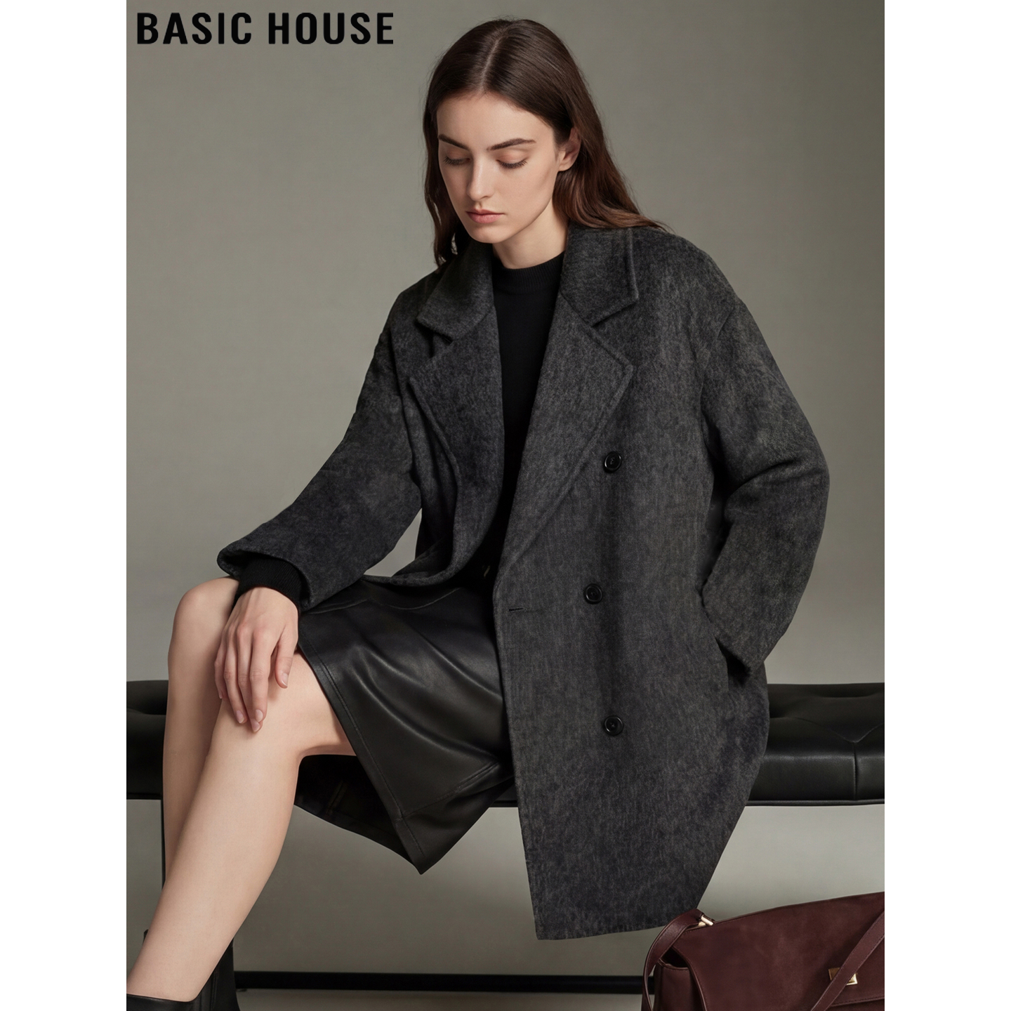 深灰色中长款毛呢外套呢子大衣女