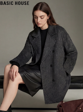 Basic House/百家好深灰色中长款毛呢外套女冬季加厚羊毛呢子大衣