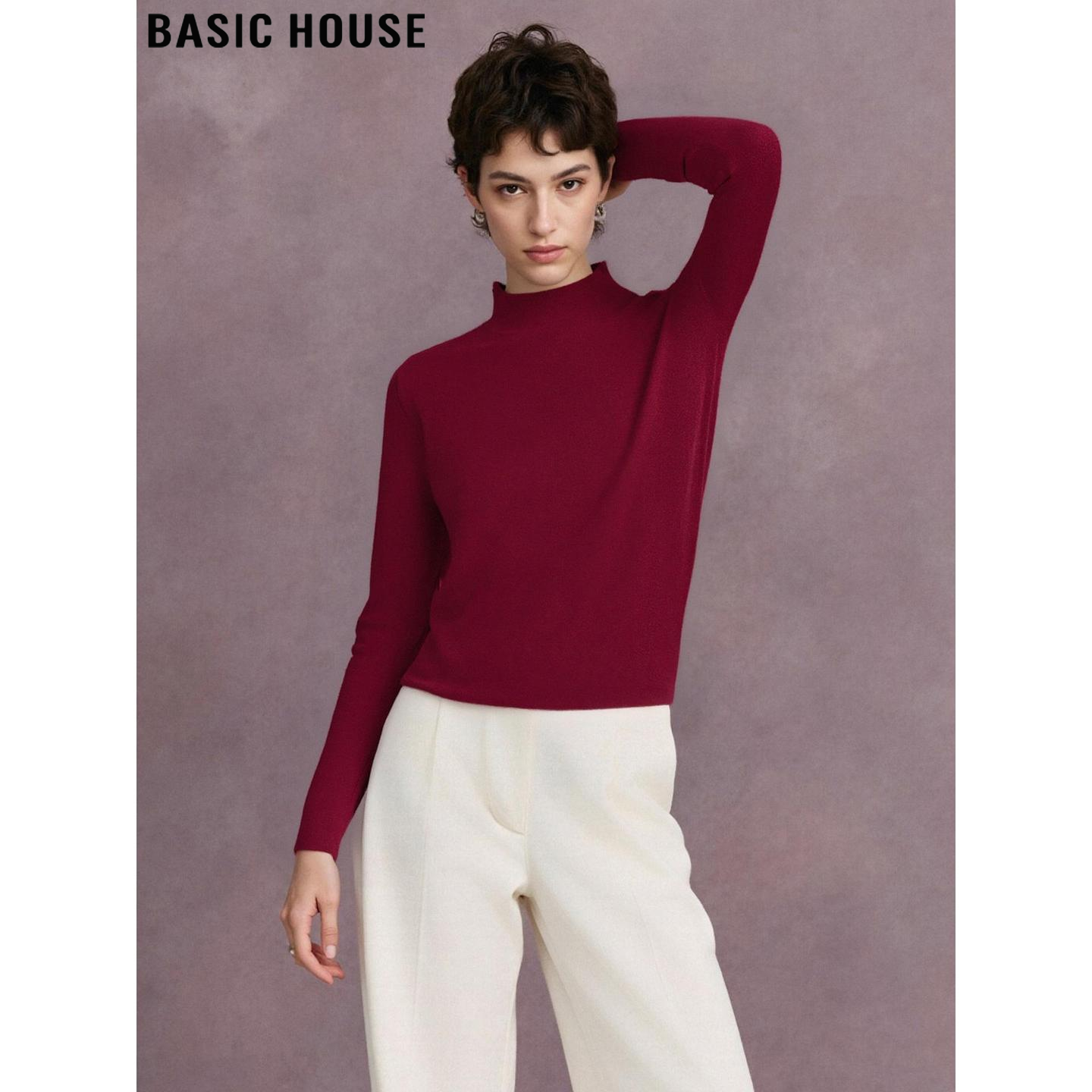 Basic House/百家好红色半高领长袖针织衫女冬季内搭修身打底毛衣,女装/女士精品,毛针织衫,淘宝优惠券,粉丝福利购,淘宝优惠卷