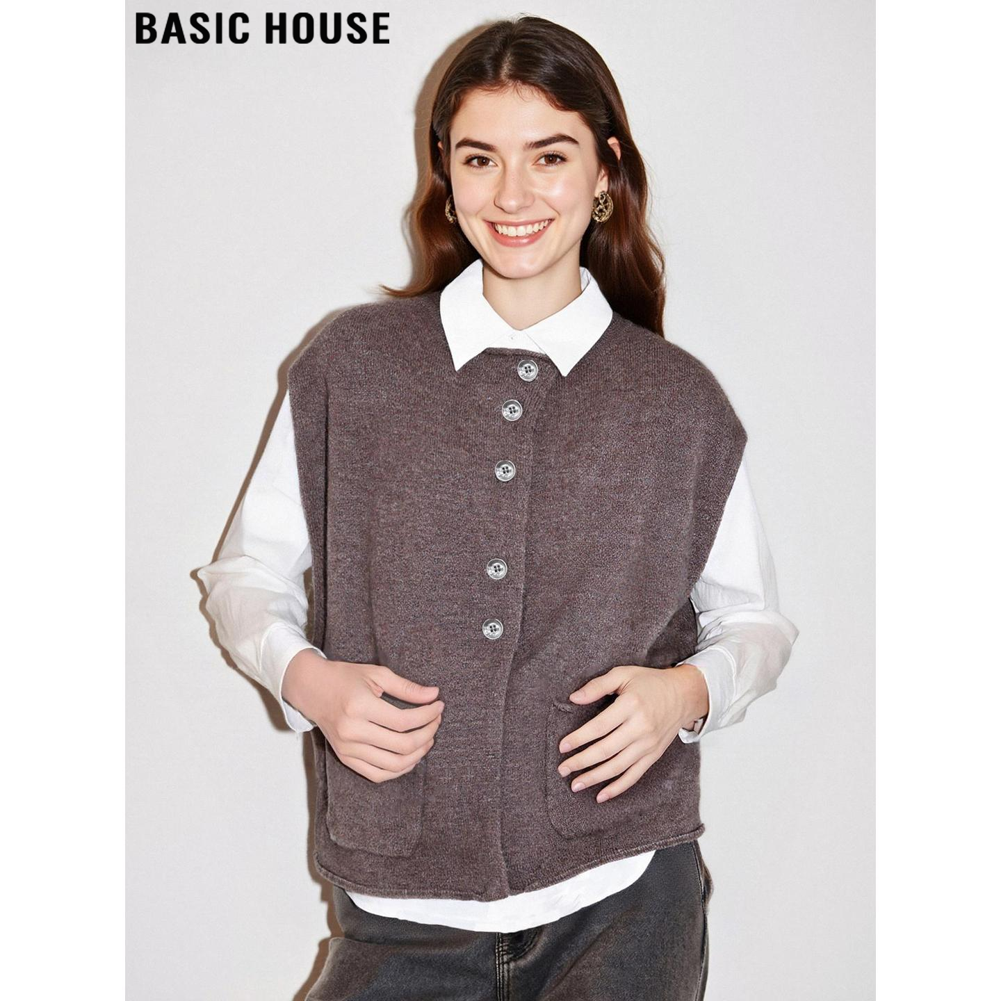 Basic House/百家好咖色100%羊毛针织马甲女秋冬叠穿圆领坎肩背心