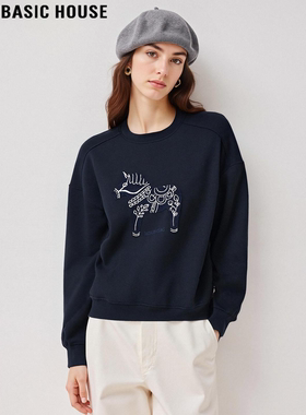 Basic House/百家好蓝色小马刺绣圆领卫衣女士冬季宽松加厚打底衫