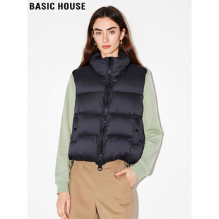 Basic House/百家好黑色90鸭绒立领羽绒马甲女士冬季加厚保暖背心