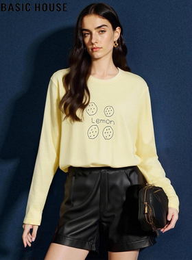 Basic House/百家好黄色圆领纯棉T恤女2026春季新款宽松印花上衣