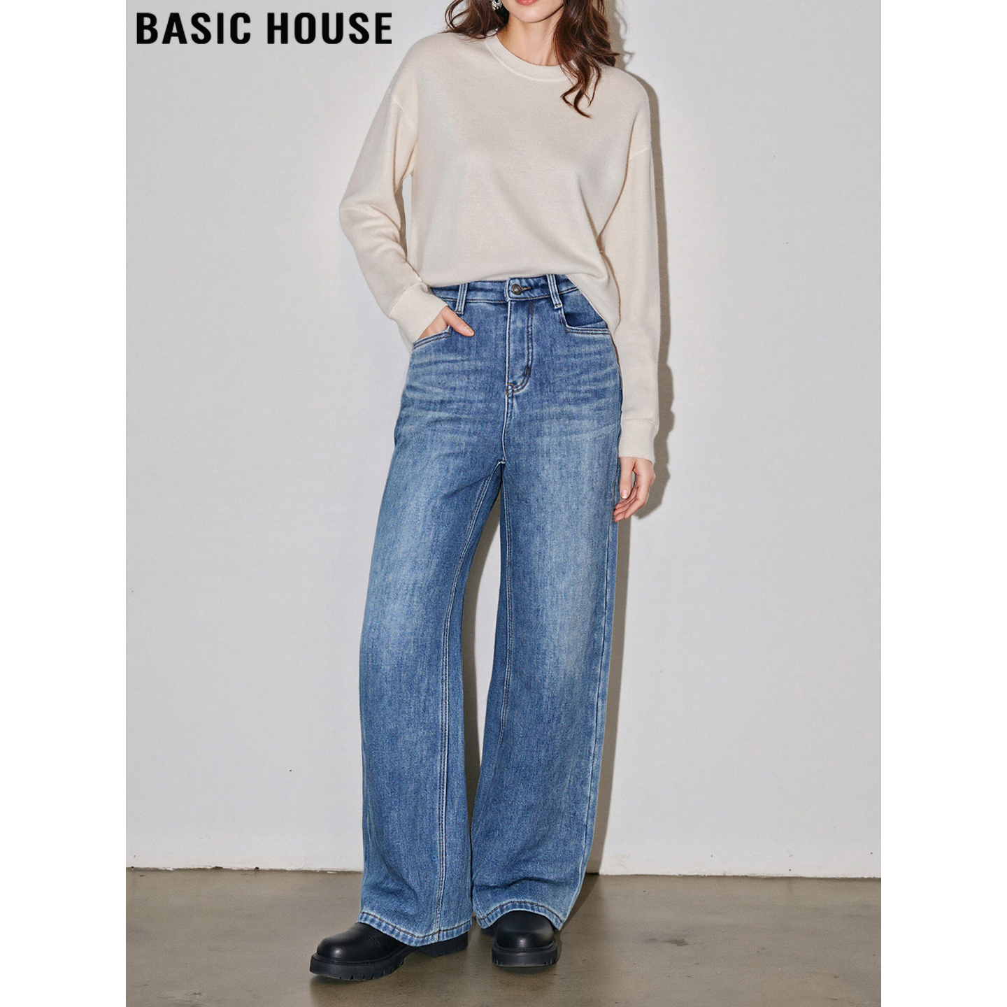 Basic House/百家好蓝色阔腿牛仔裤女冬季加绒加厚高腰拖地直筒裤