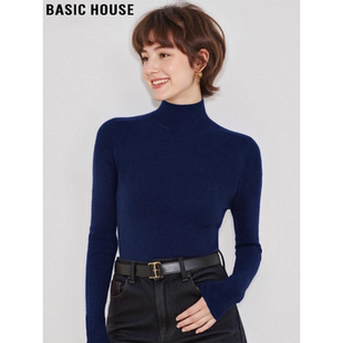 Basic House/百家好藏青色半高领针织打底衫女士春季修身内搭上衣