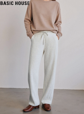 Basic House/百家好白色阔腿运动裤女士冬季加绒加厚百搭直筒卫裤