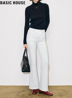 Basic House/百家好白色微喇运动裤女士冬季加绒加厚松紧高腰卫裤