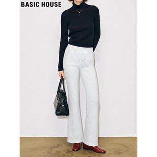 加绒加厚松紧高腰卫裤 Basic 女士冬季 百家好白色微喇运动裤 House