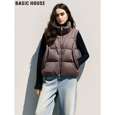 百家好咖色立领90鸭绒羽绒马甲女