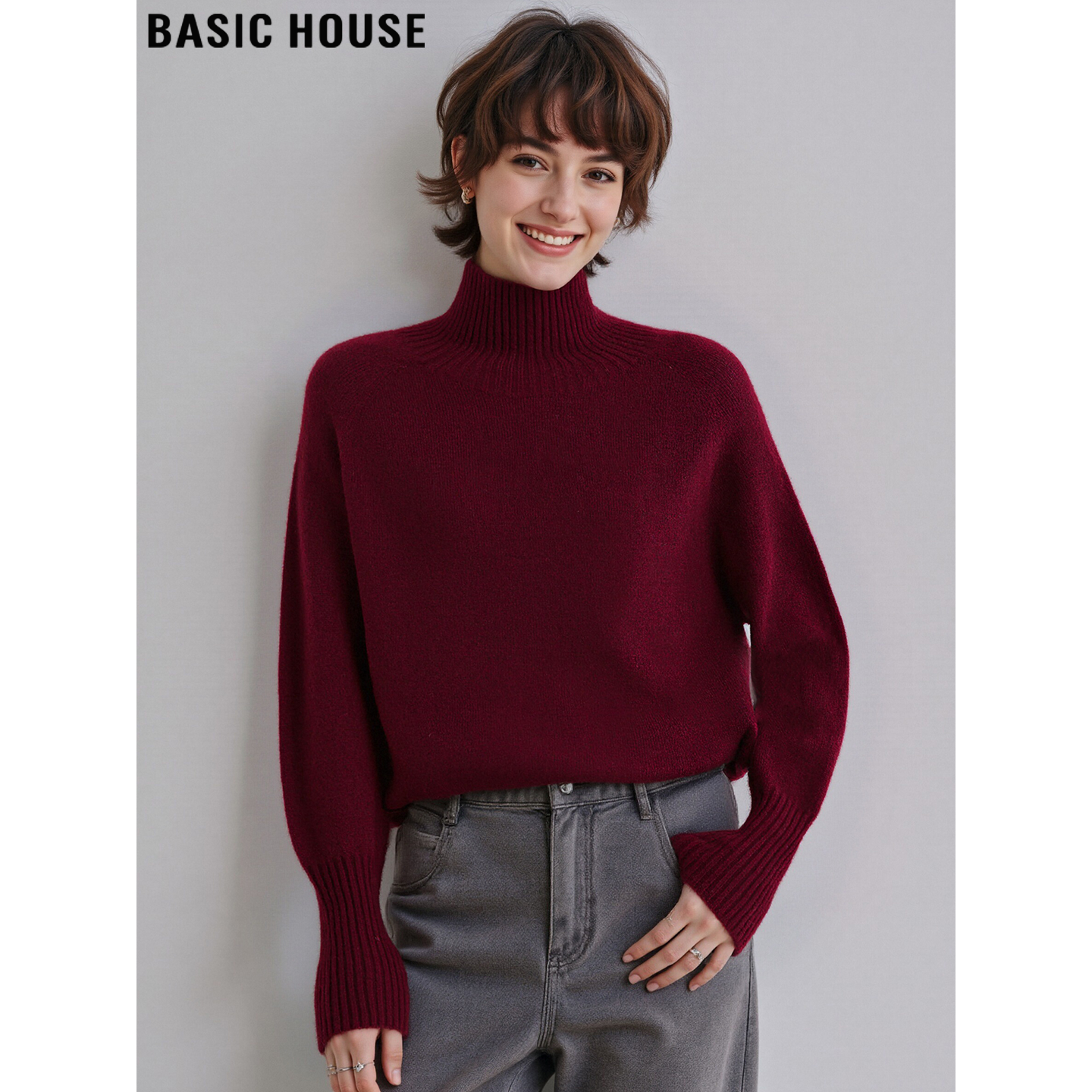 Basic House/百家好红色高领毛衣女士冬季加厚羊毛长袖打底针织衫
