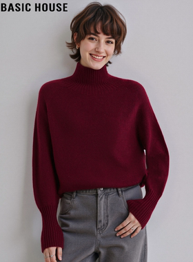 Basic House/百家好红色高领毛衣女士冬季加厚羊毛长袖打底针织衫