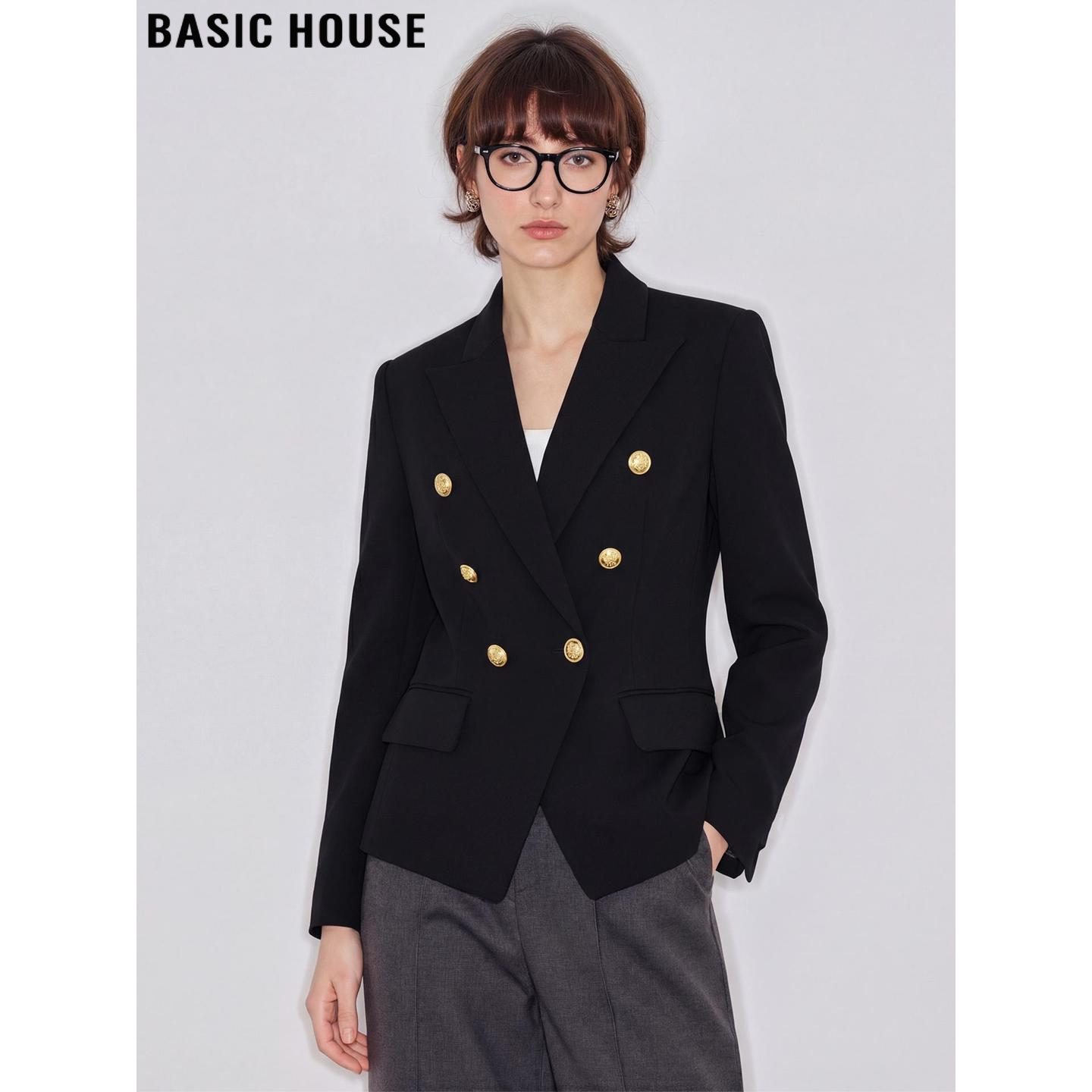 Basic House/百家好黑色收腰西装外套女士2026早春新款小个子西服