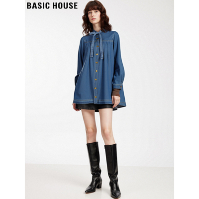 百家好中长款蓝色牛仔衬衫女宽松