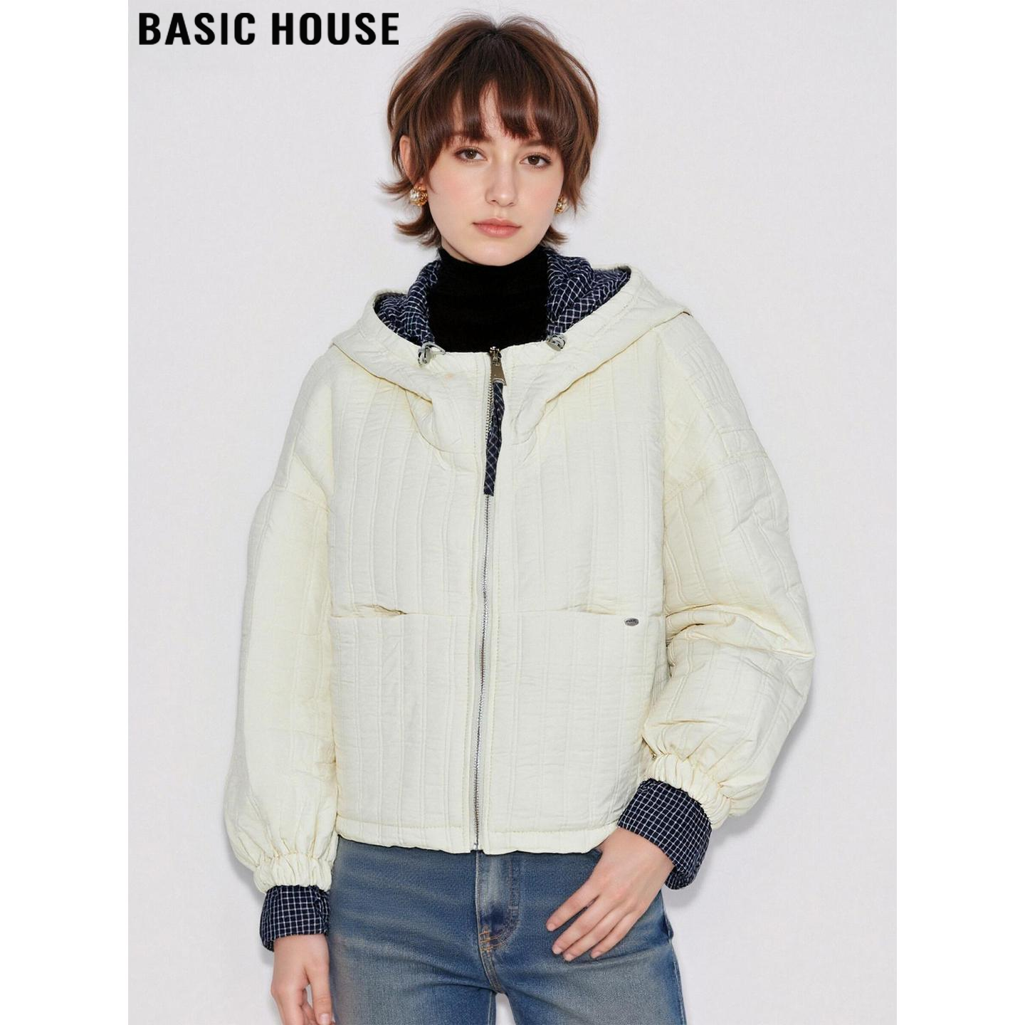 撞色格纹拼接连帽棉衣外套棉服女