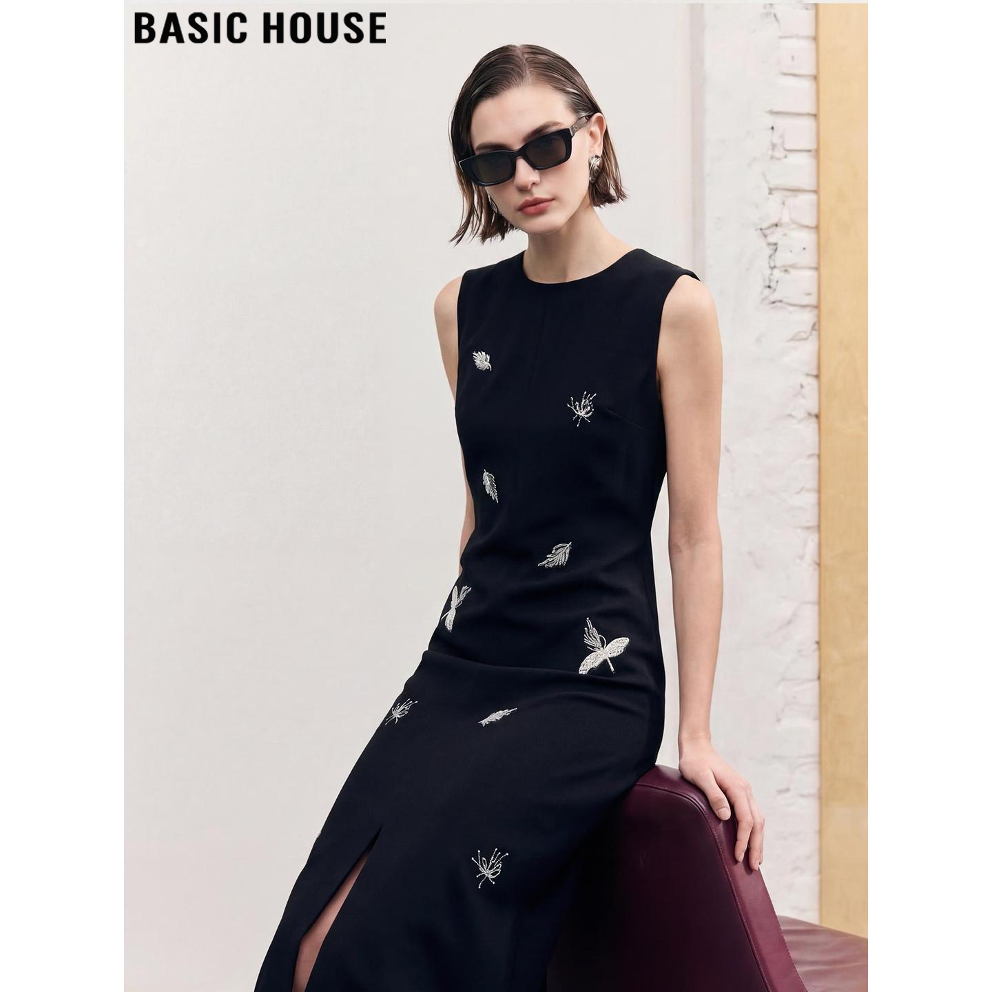 Basic House/百家好高级感刺绣圆领无袖连衣裙女夏季开叉背心裙子