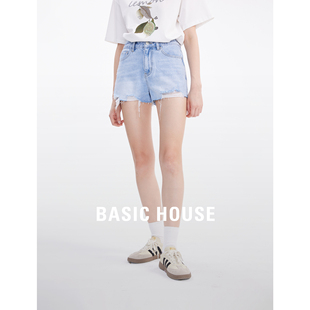 新款 女夏季 百家好毛边高腰牛仔短裤 Basic House 显瘦a字热裤