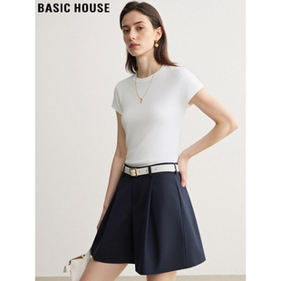 T恤女夏季 百家好白色圆领天丝针织短袖 显瘦冰丝上衣 House Basic