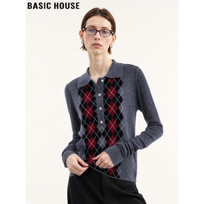 百家好设计感菱格翻领羊毛针织衫