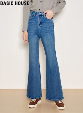 Basic House/百家好浅蓝色微喇牛仔裤女士2025冬季高腰显瘦喇叭裤