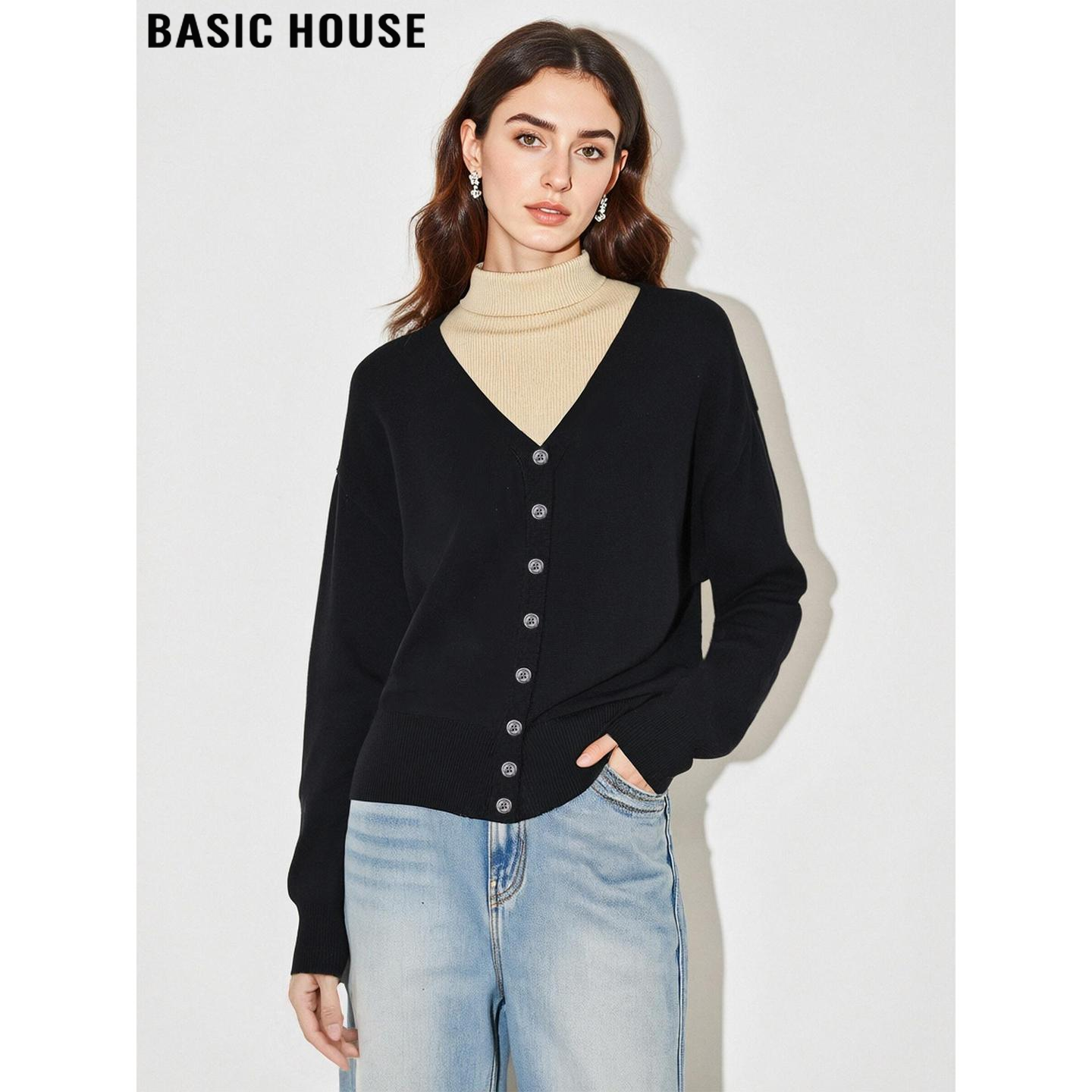 百家好含羊毛黑色V领针织开衫女