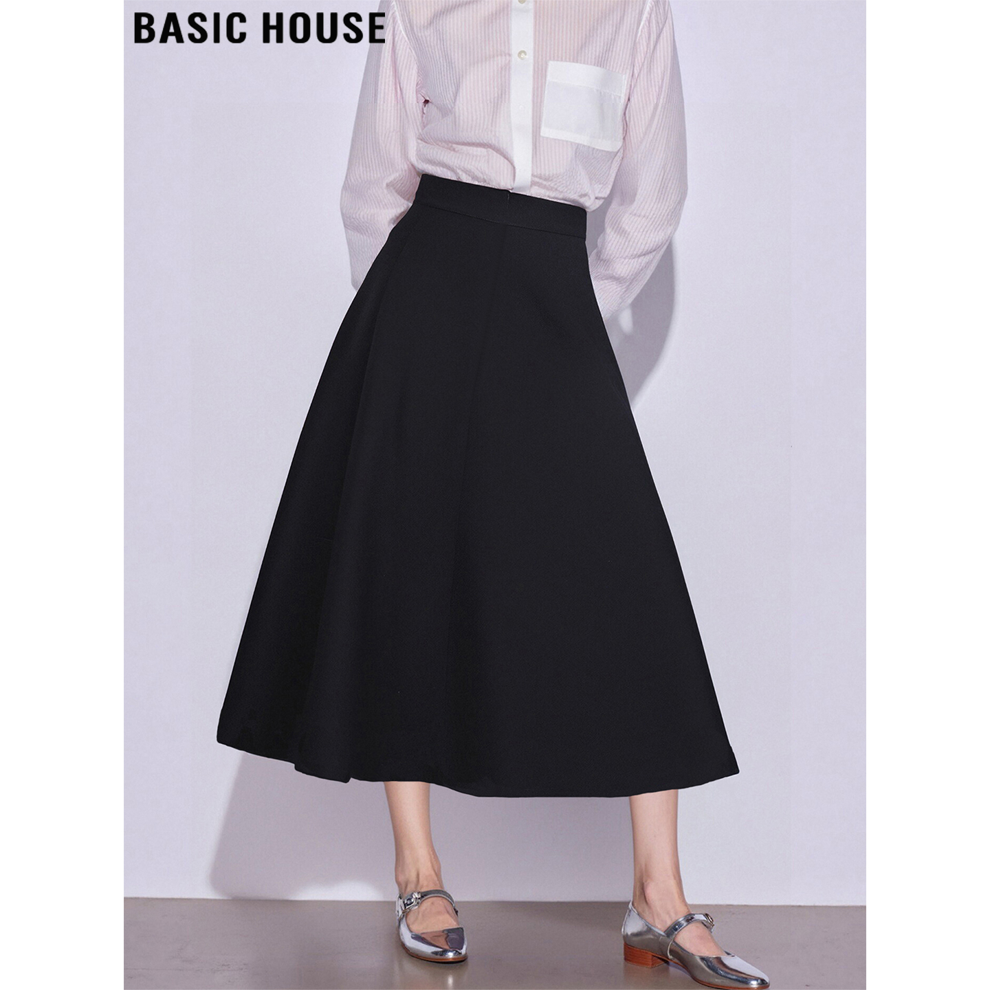 Basic House/百家好气质黑色大裙摆半身裙女2025秋高腰中长款伞裙