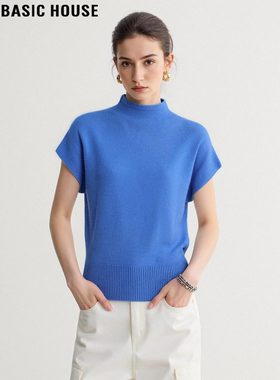 Basic House/百家好蓝色半高领羊毛针织短袖T恤女士2026夏季新款