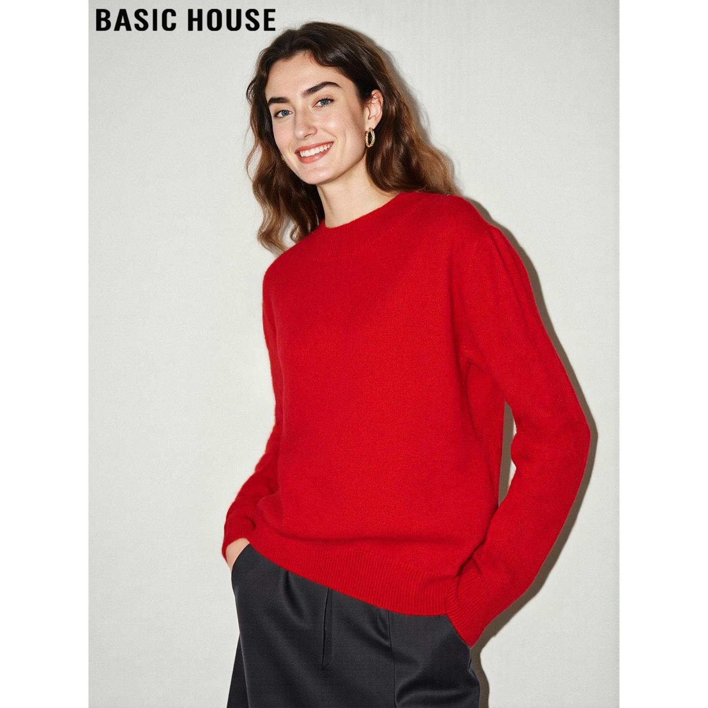 百家好圣诞红圆领打底羊毛针织衫