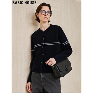 Basic House/百家好简约百搭100%羊毛黑色圆领毛衣开衫外套女冬季
