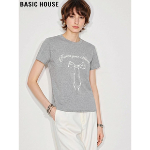 T恤女士夏季 百家好灰色圆领宽松短袖 蝴蝶结印花上衣 House Basic