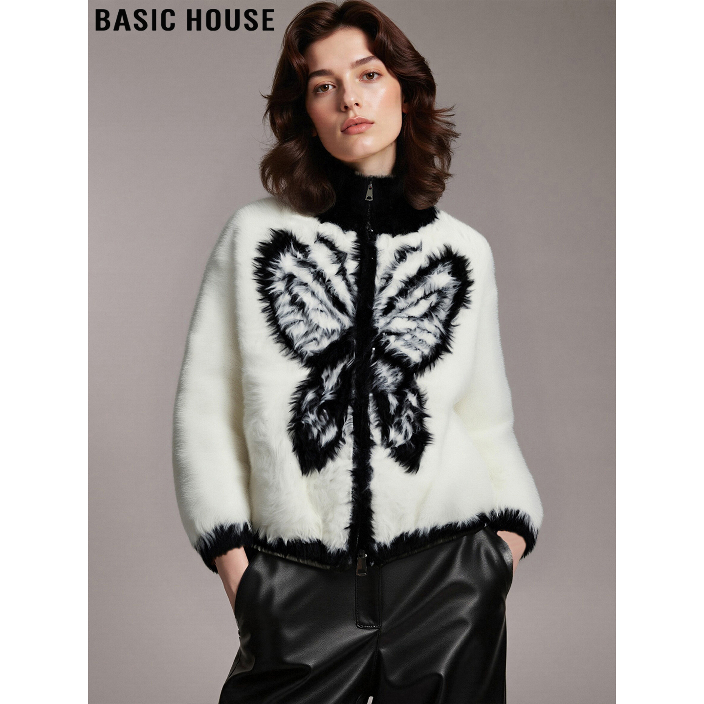 百家好毛茸茸立领外套女双拉链