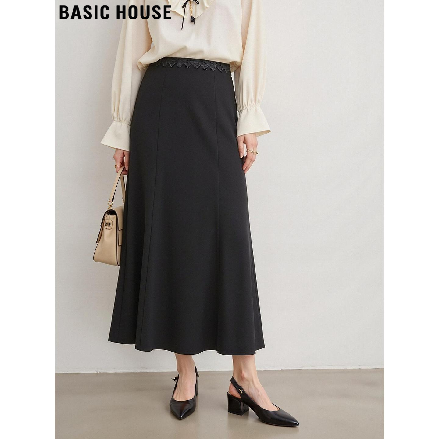 Basic House/百家好黑色蕾丝花边半身裙女2026夏季新款长款鱼尾裙