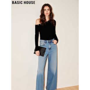 House 修身 百家好美式 T恤女春季 打底 辣妹铆钉斜肩黑色长袖 Basic