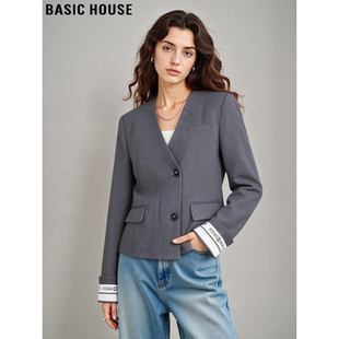 Basic House/百家好灰色拼接V领西装外套女2026春季新款短款西服