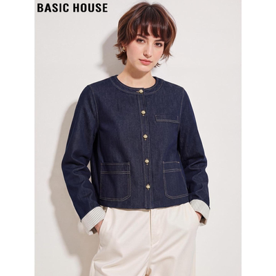 藏蓝色牛仔外套长袖圆领上衣女士