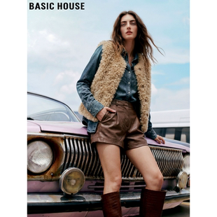 Basic House/百家好港风复古环保皮草马甲女冬季保暖毛毛马夹外套