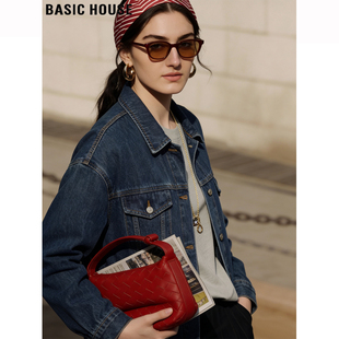 Basic House/百家好蓝色牛仔外套女2026春季新款宽松休闲翻领夹克